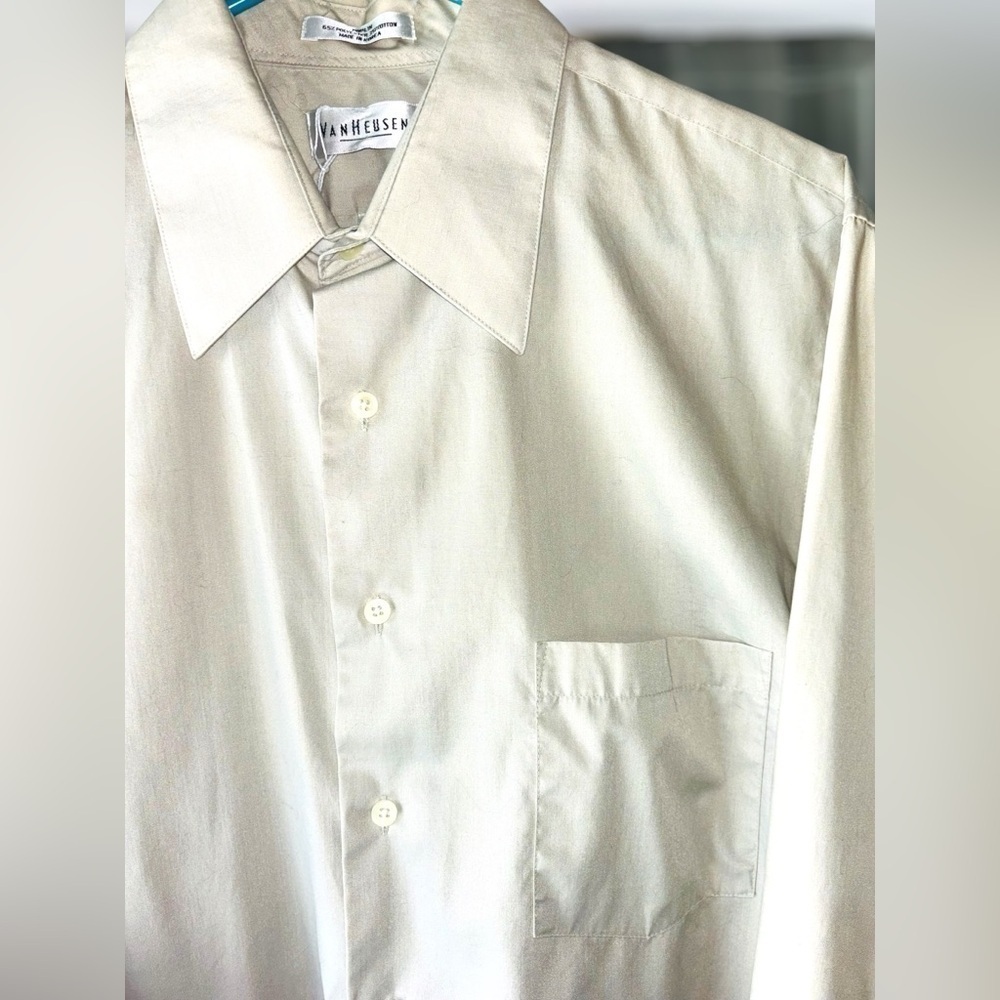 Van Huessen Men’s Large Beige Poplin Easy Care Casual Button Down Shirt - Picture 3 of 7